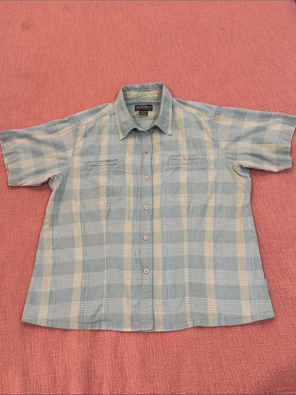 Woolrich women’s large sea foam and yellow Plaid fitted Short Sleeve  Shirt